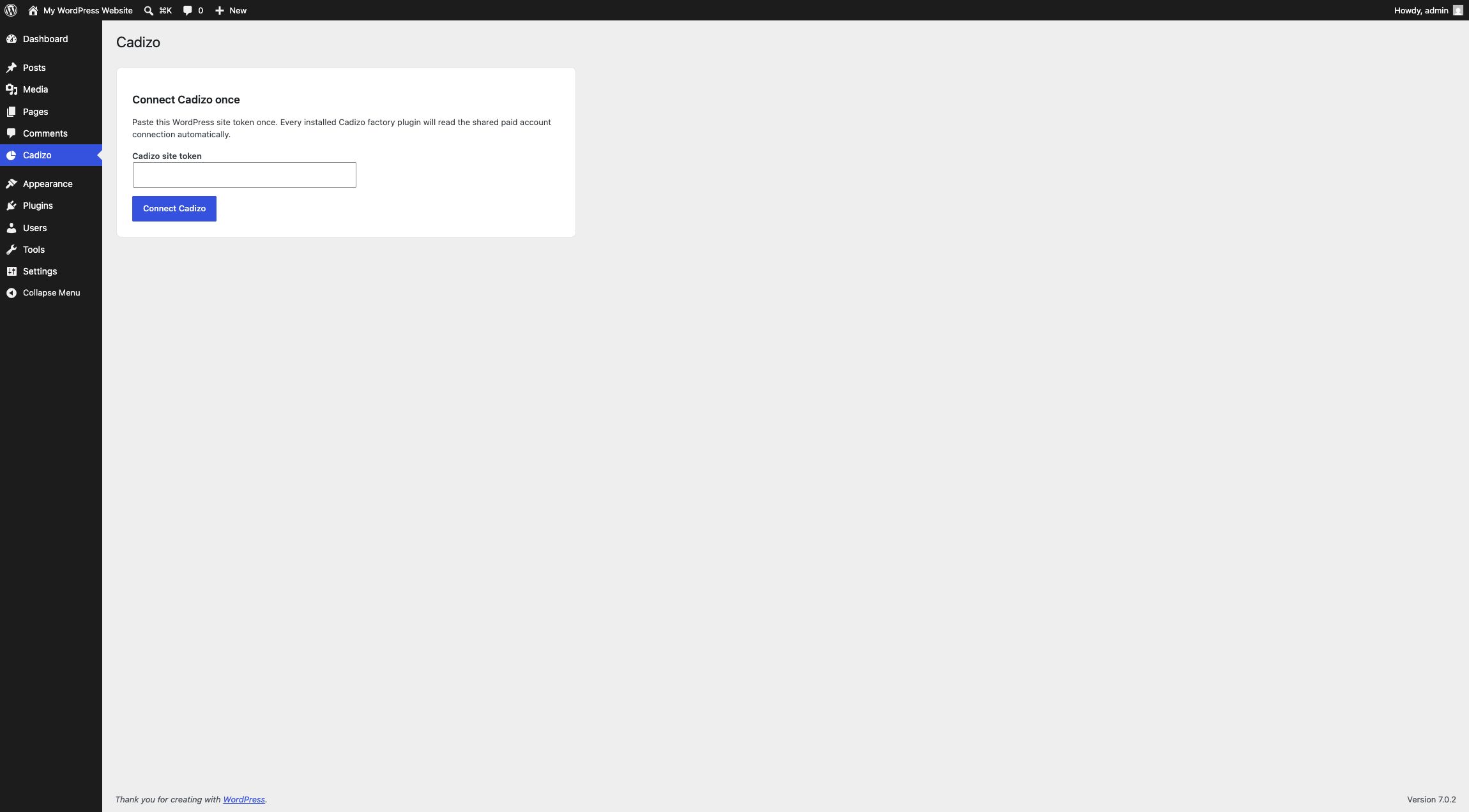 Cadizo Hub connection screen in WordPress admin